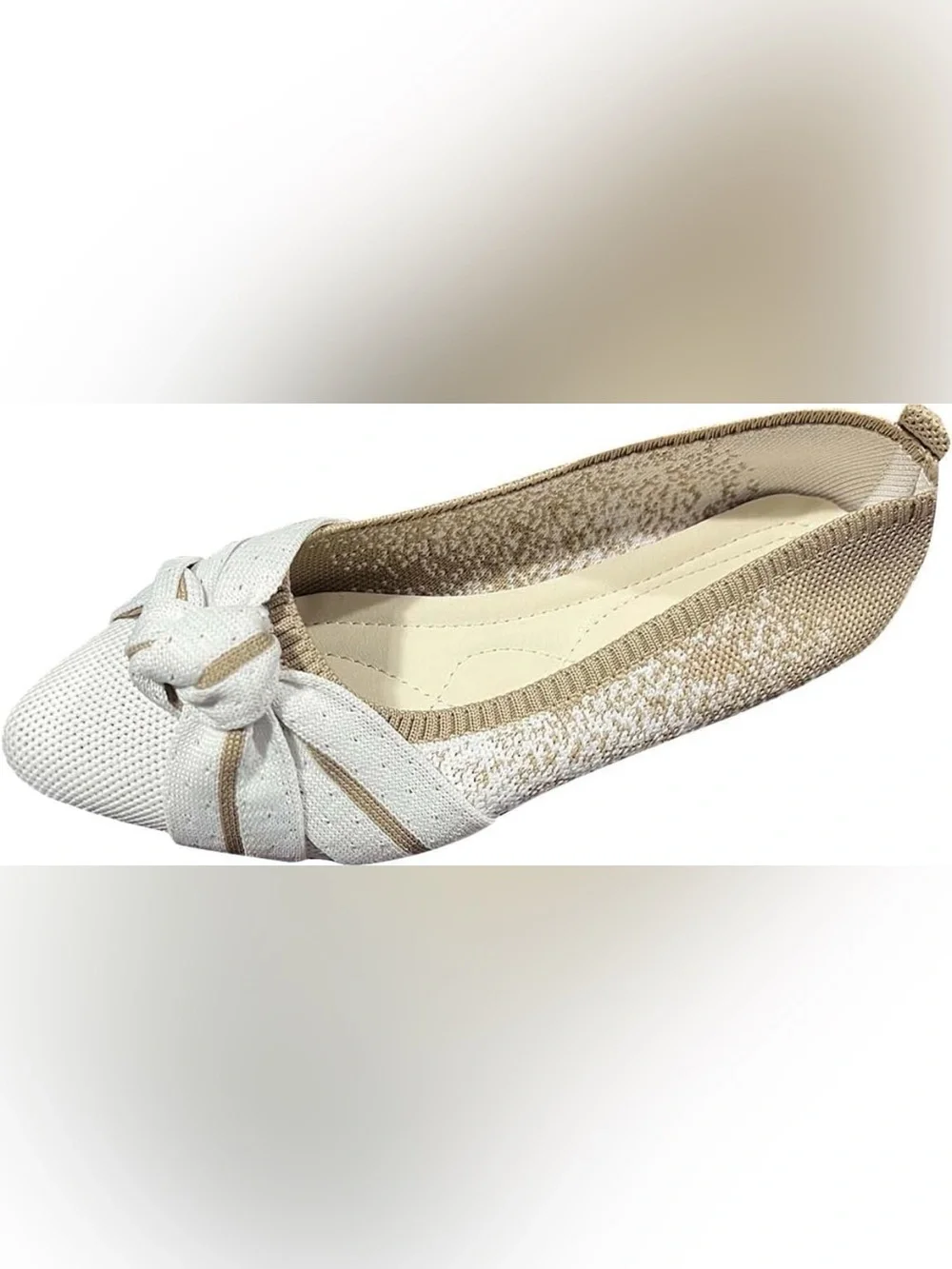 Women’s Two-Tone Knit Bow Ballet Flats - Beige & White-NWOT